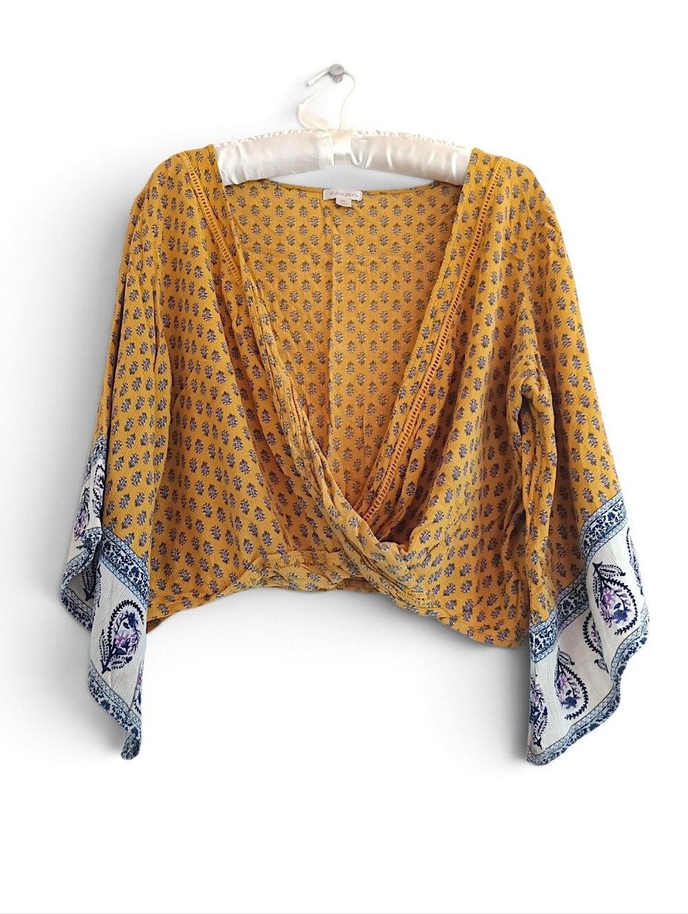 Boho Mustard Printed Wrap Crop Top Flowy Fall Festival Hippie Bell Sleeves Plus